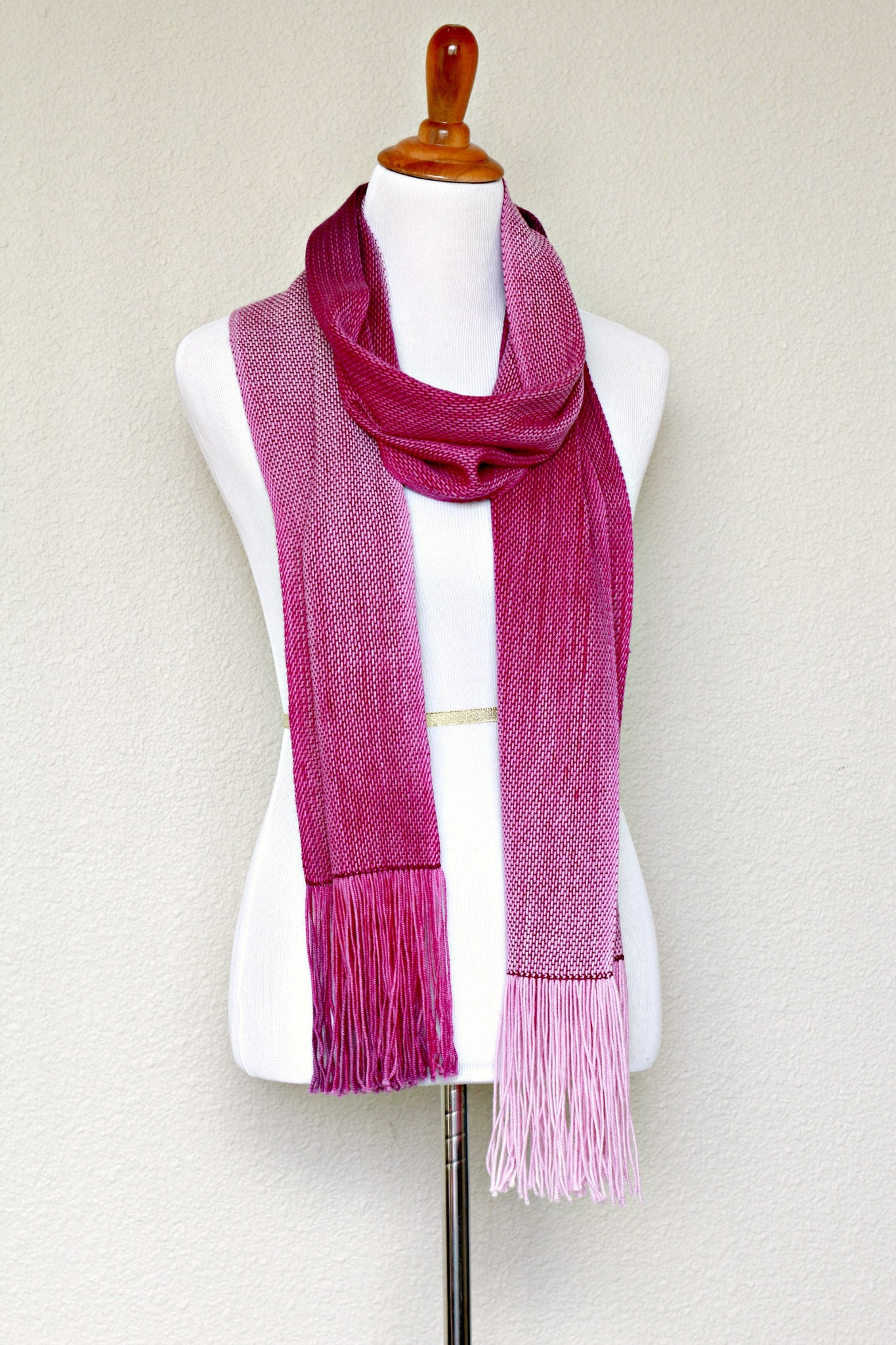 Hand woven scarf in purple pink colors