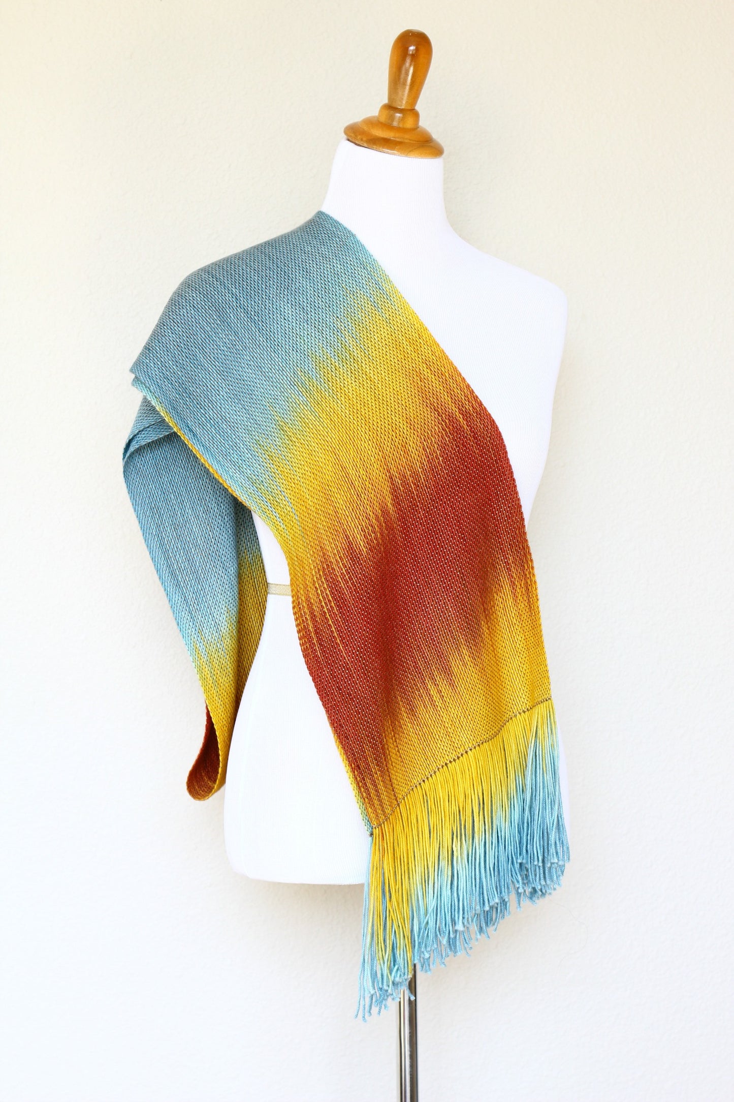 Woven long scarf gradient color blue red yellow long with fringe