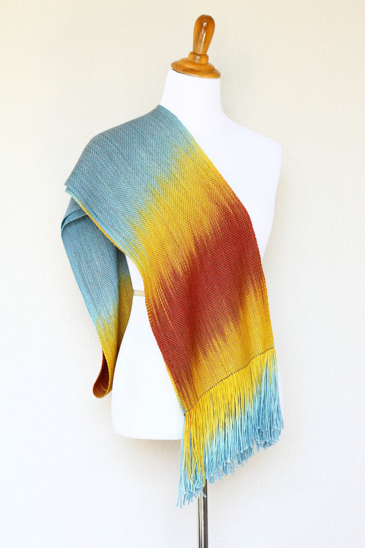 Woven long scarf gradient color blue red yellow long with fringe