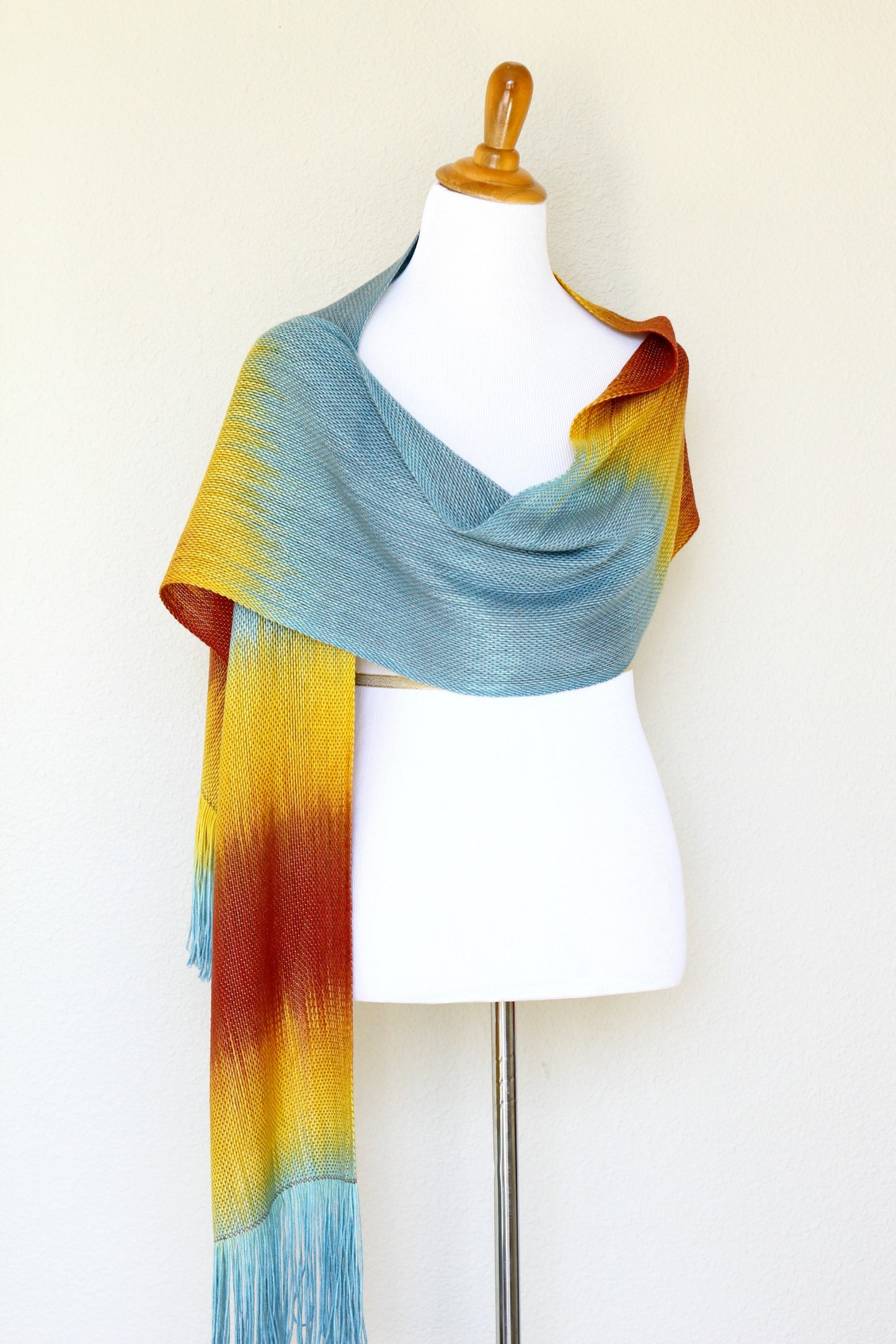 Woven long scarf gradient color blue red yellow long with fringe