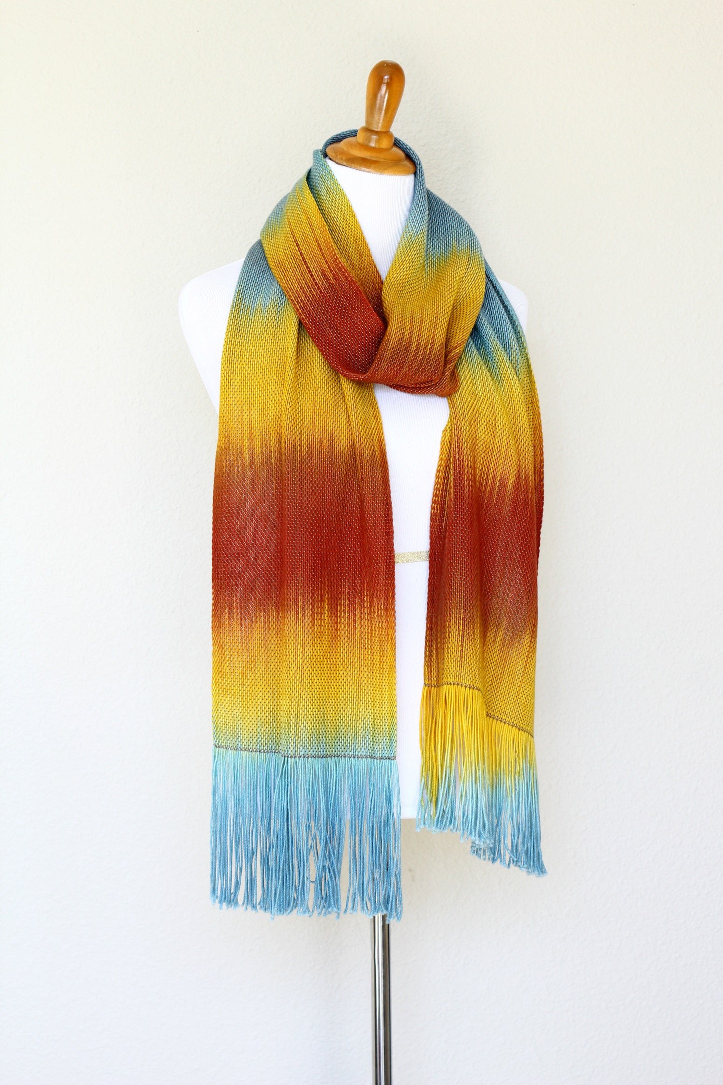 Woven long scarf gradient color blue red yellow long with fringe