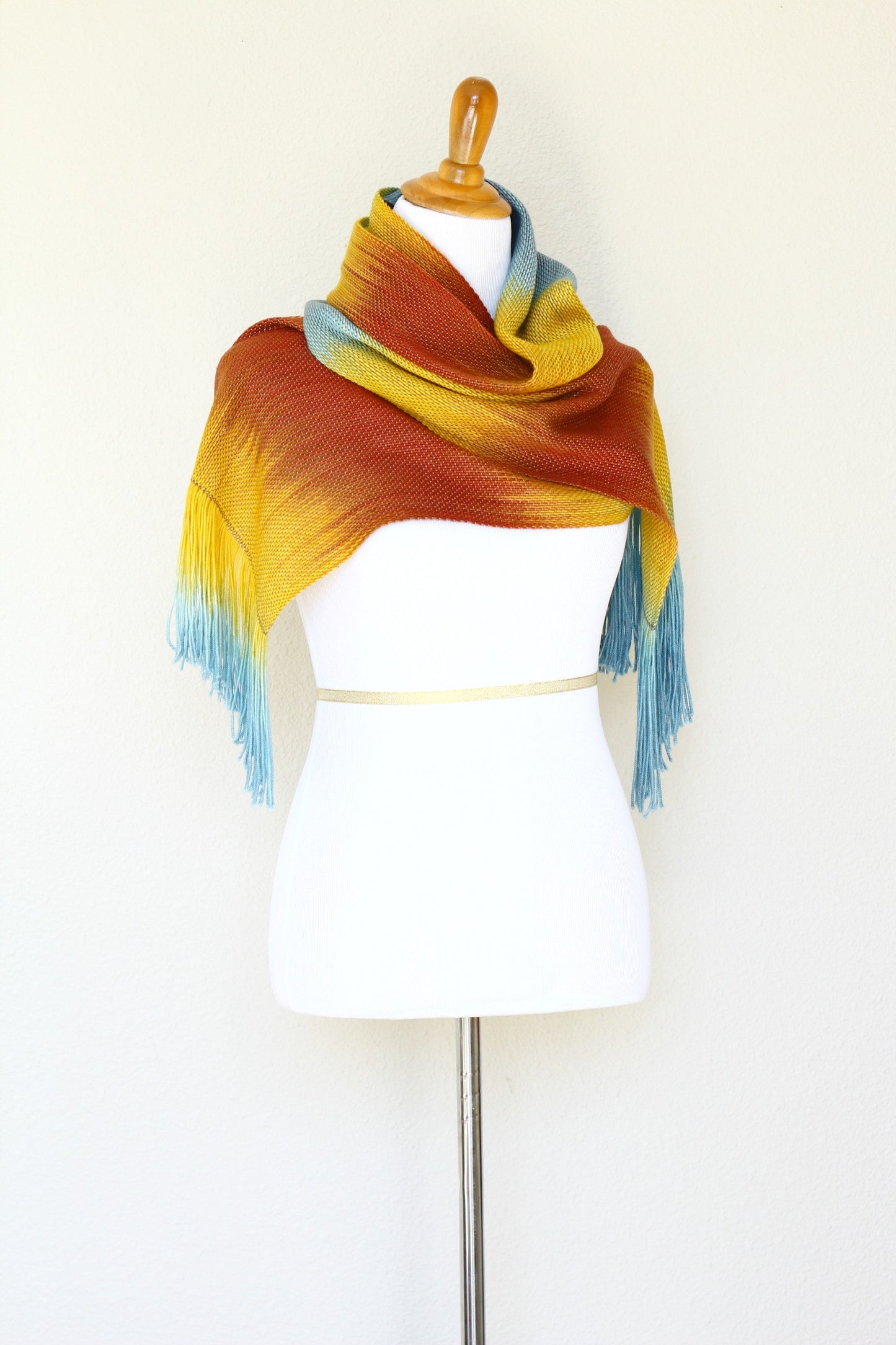 Woven long scarf gradient color blue red yellow long with fringe