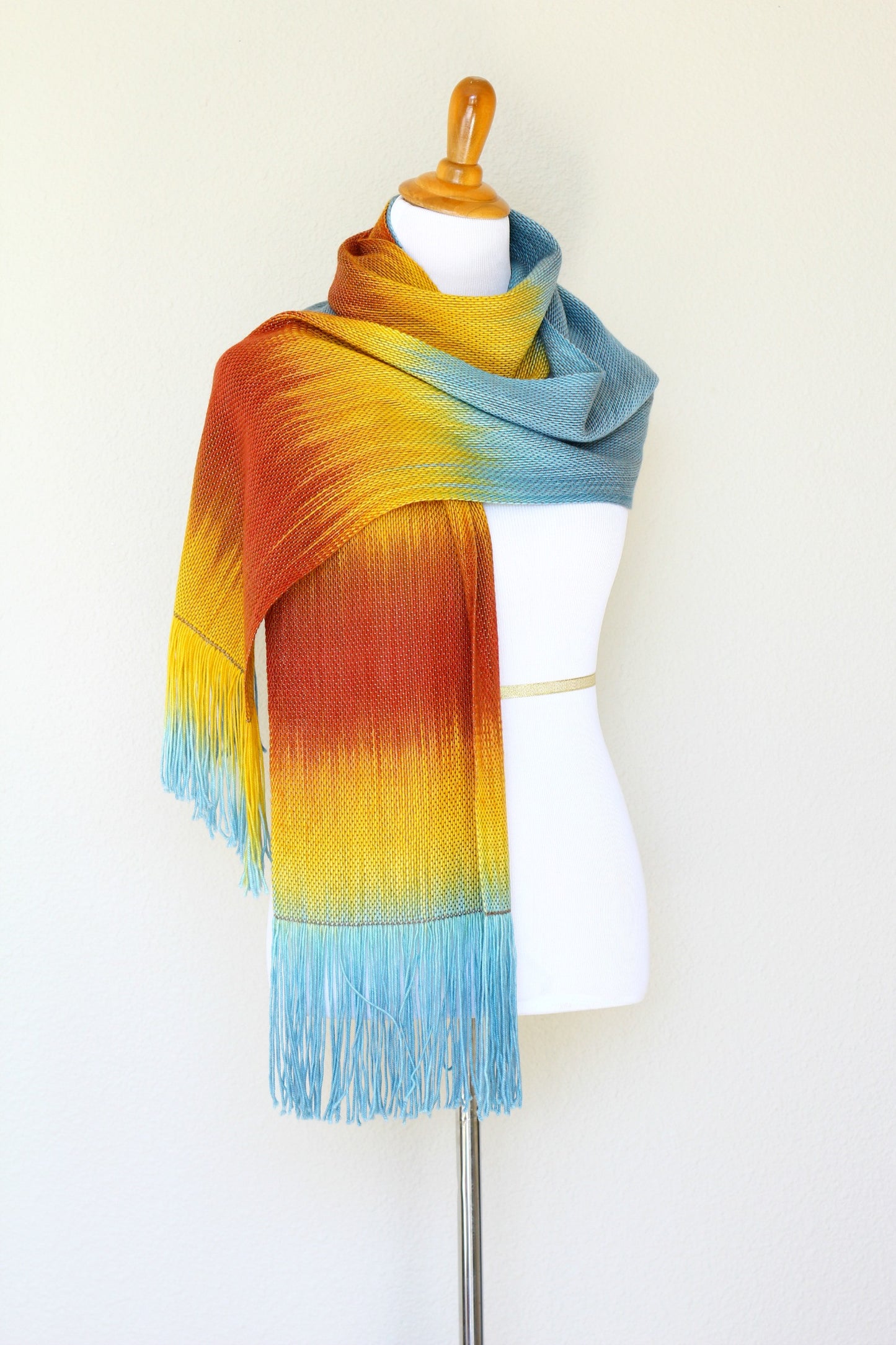 Woven long scarf gradient color blue red yellow long with fringe