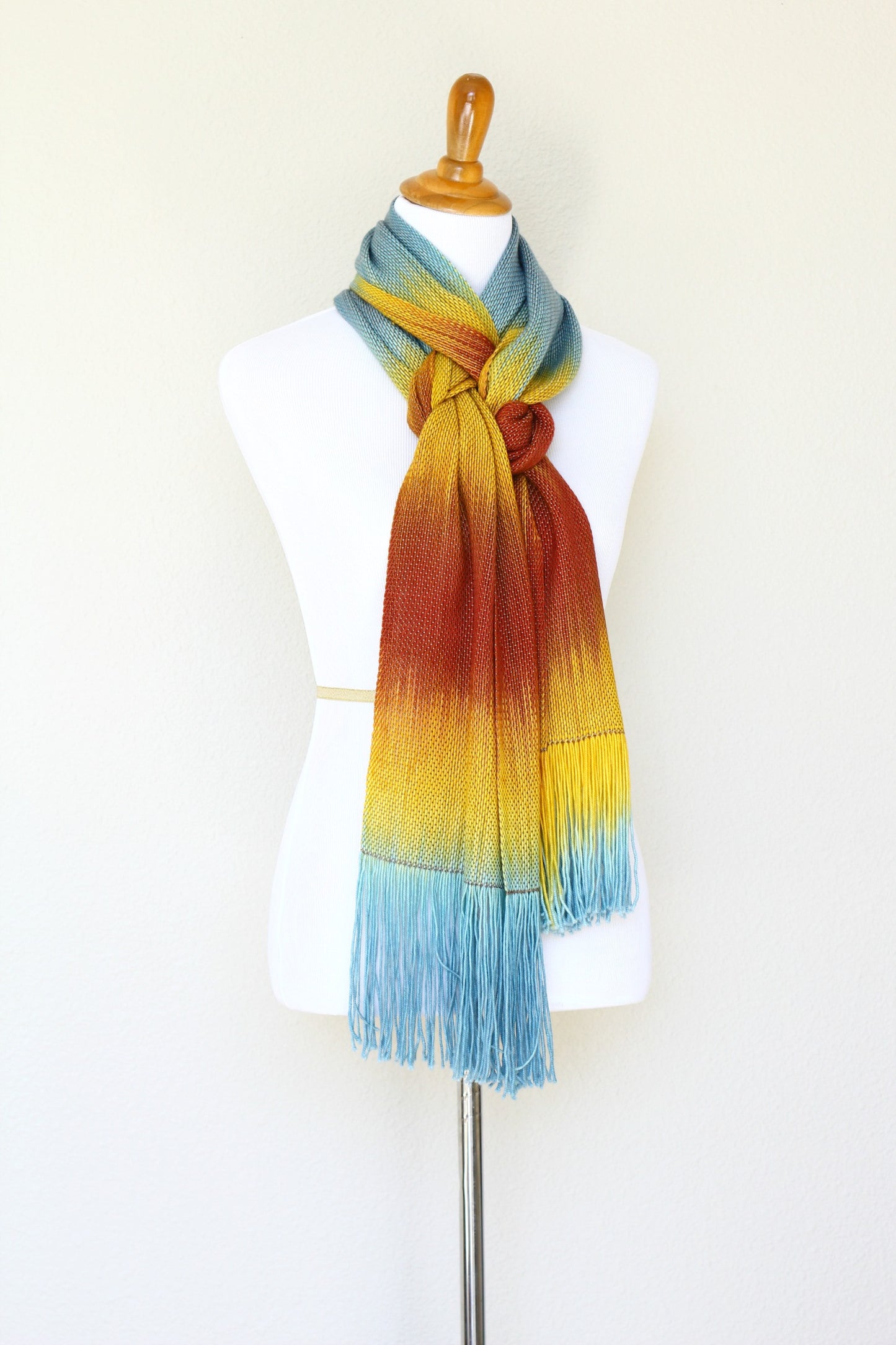 Woven long scarf gradient color blue red yellow long with fringe