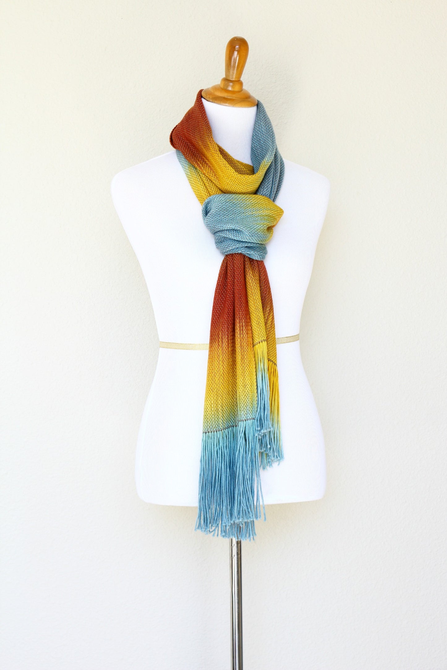 Woven long scarf gradient color blue red yellow long with fringe