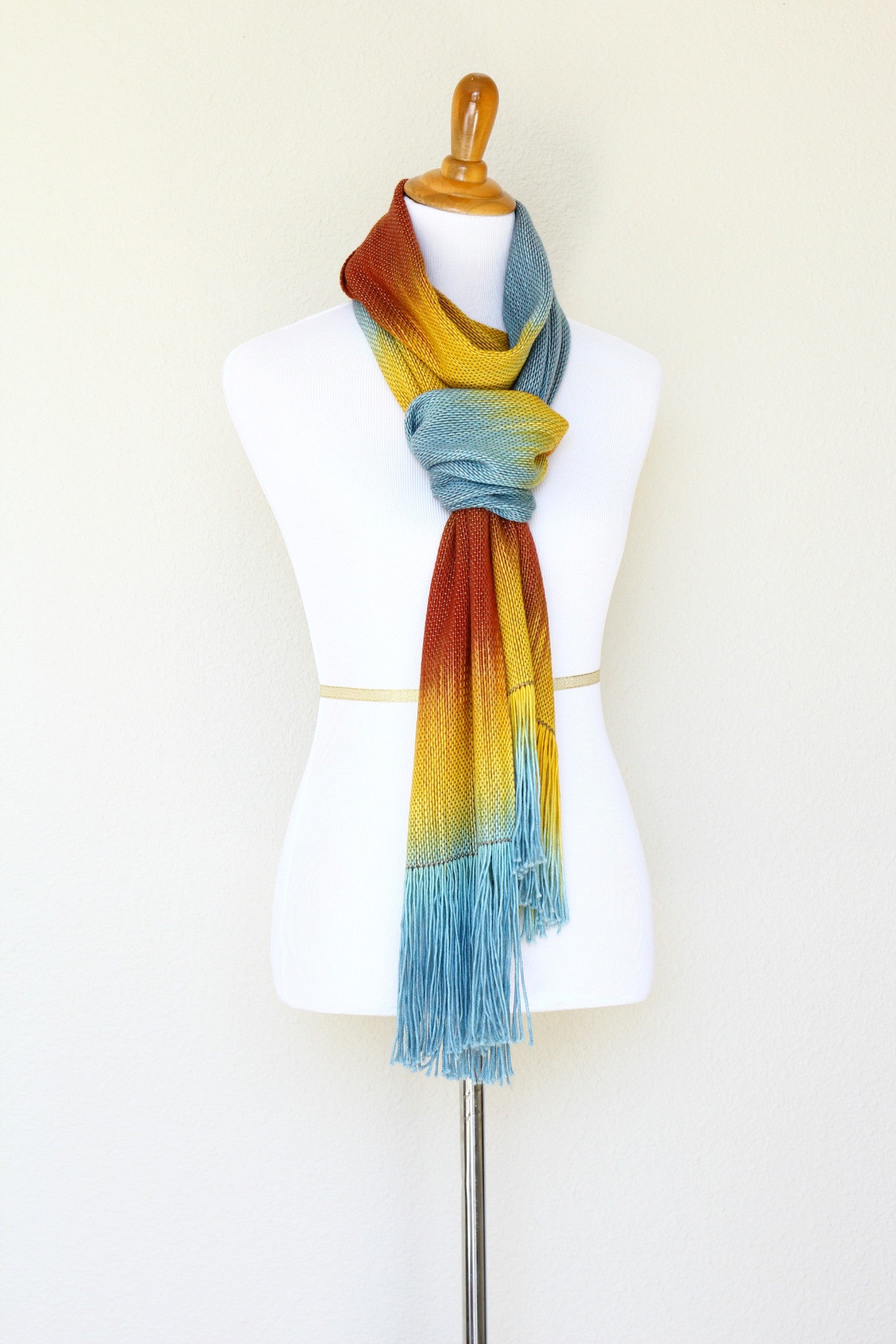 Woven long scarf gradient color blue red yellow long with fringe