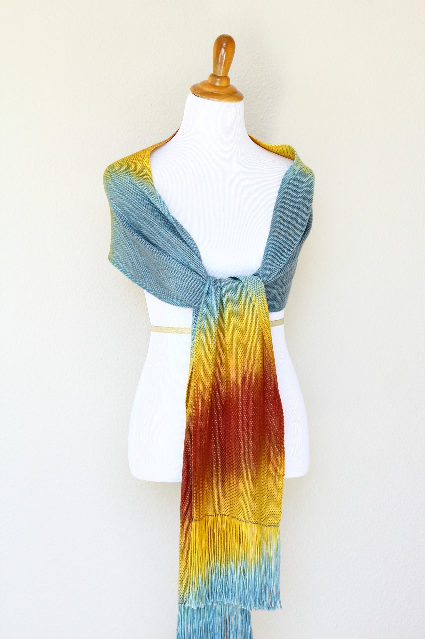 Woven long scarf gradient color blue red yellow long with fringe