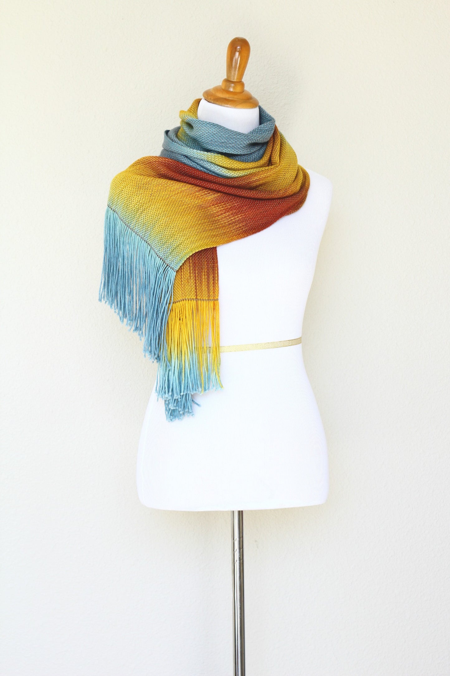 Woven long scarf gradient color blue red yellow long with fringe
