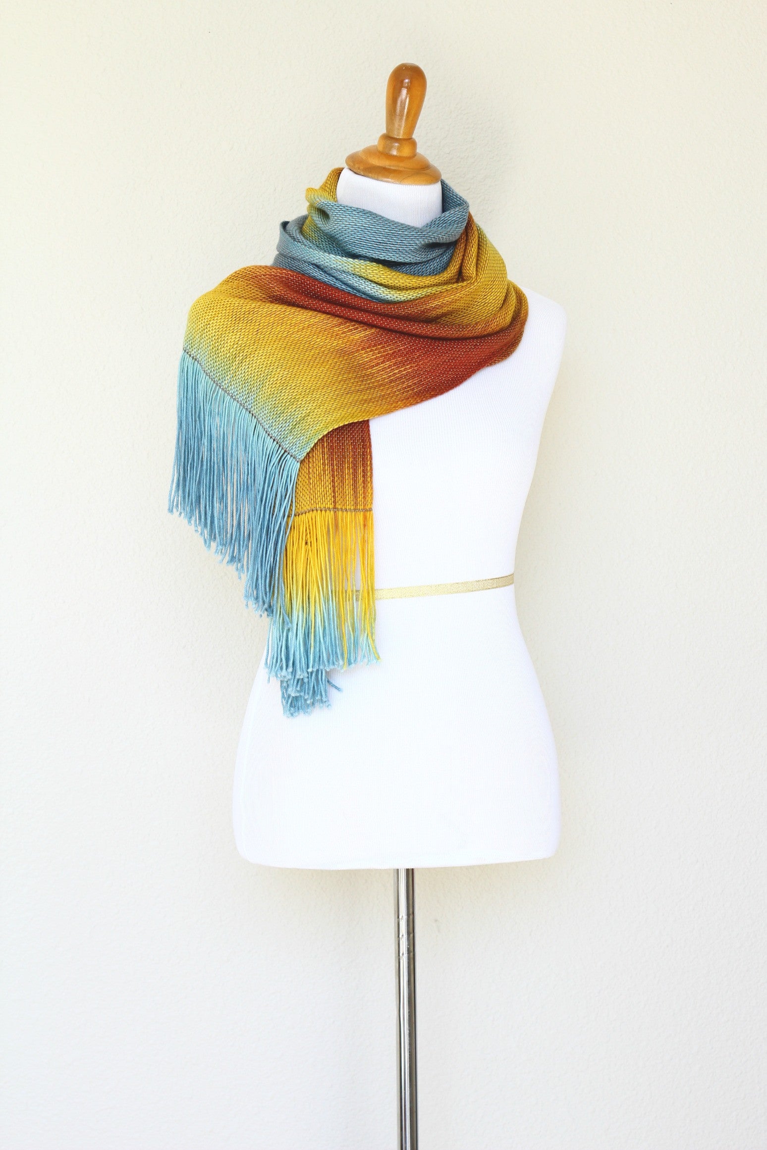 Woven long scarf gradient color blue red yellow long with fringe