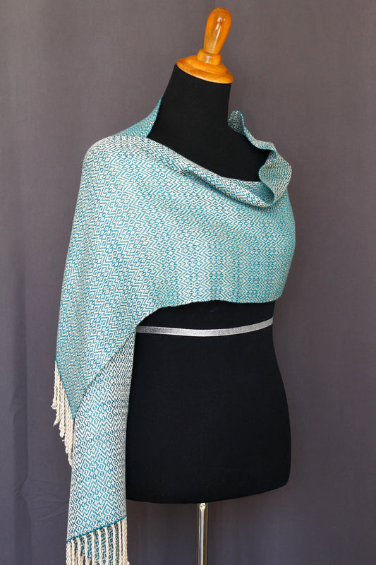 Woven scarf in teal and cream colors, bamboo scarf, summer scarf, long scarf with fringe
