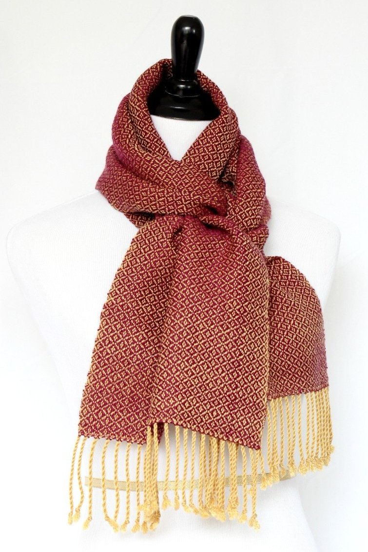 Woven scarf in mustard and purple colors in merino wool and tencel