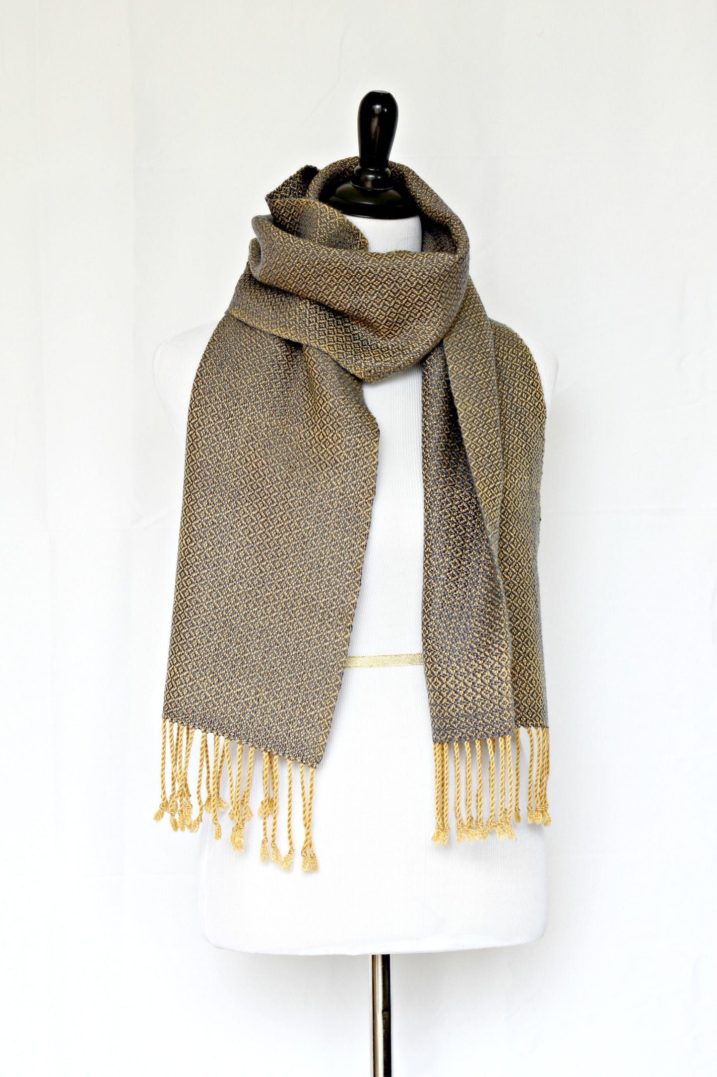 Woven scarf in mustard grey colors in merino wool and tencel