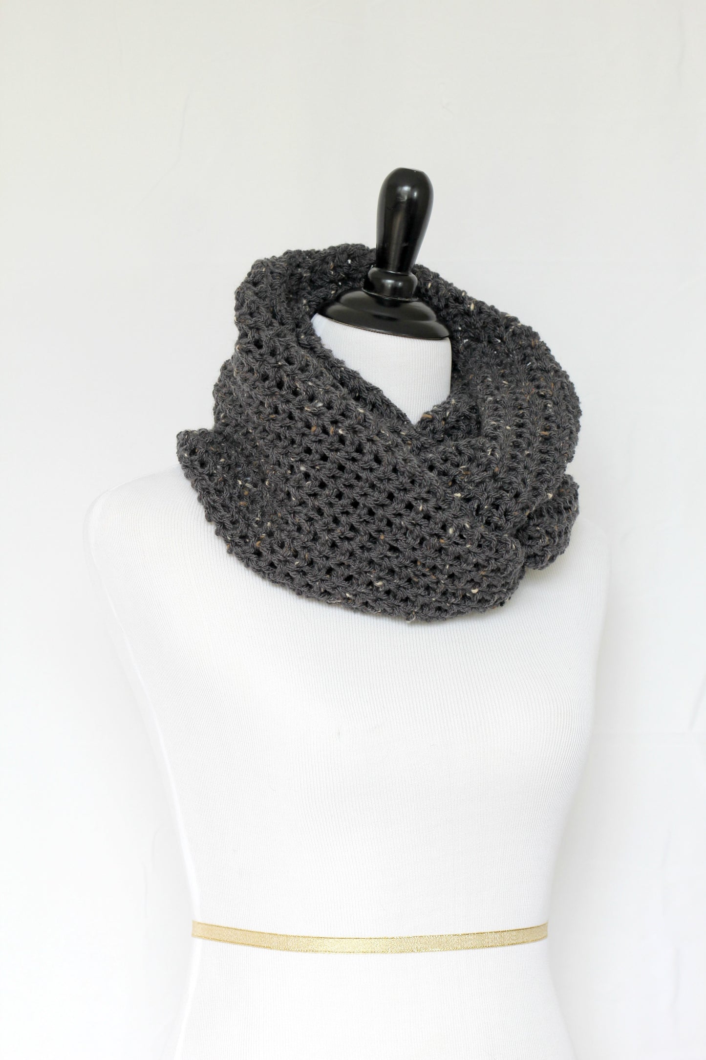 Crochet cowl in dark grey color, chunky infinity scarf