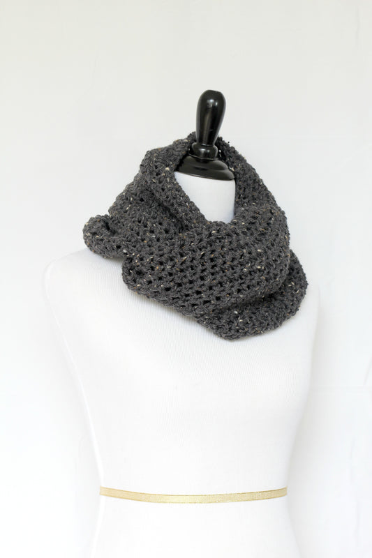 Crochet cowl in dark grey color, chunky infinity scarf