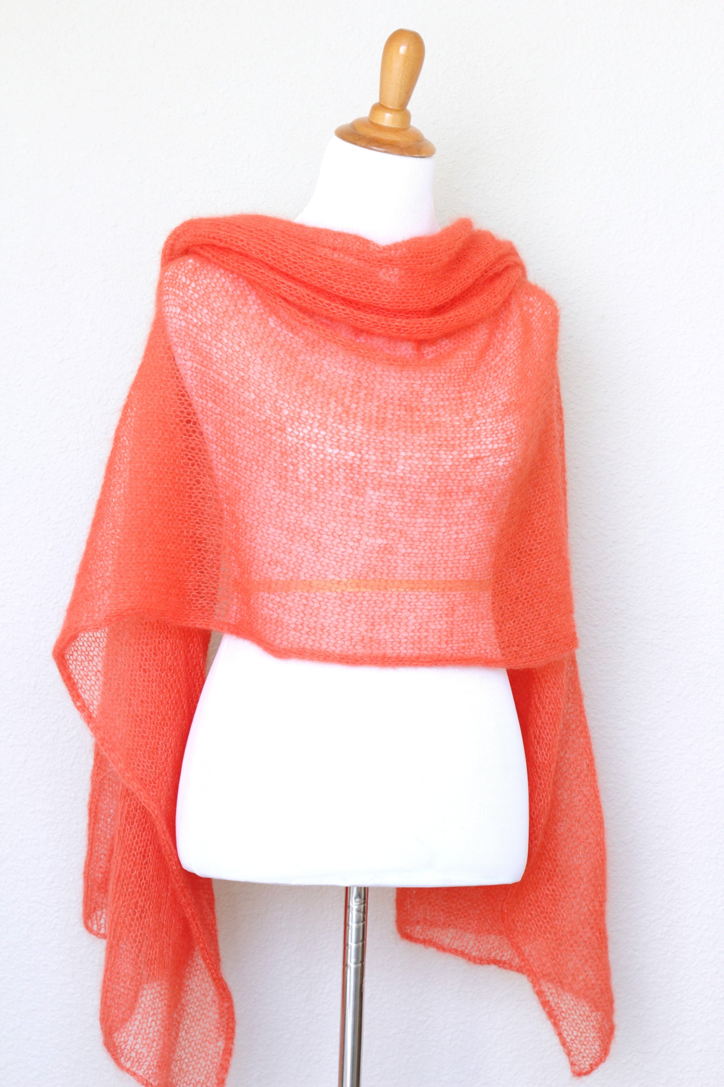 Knit scarf in silk mohair blend in burnt orange red color