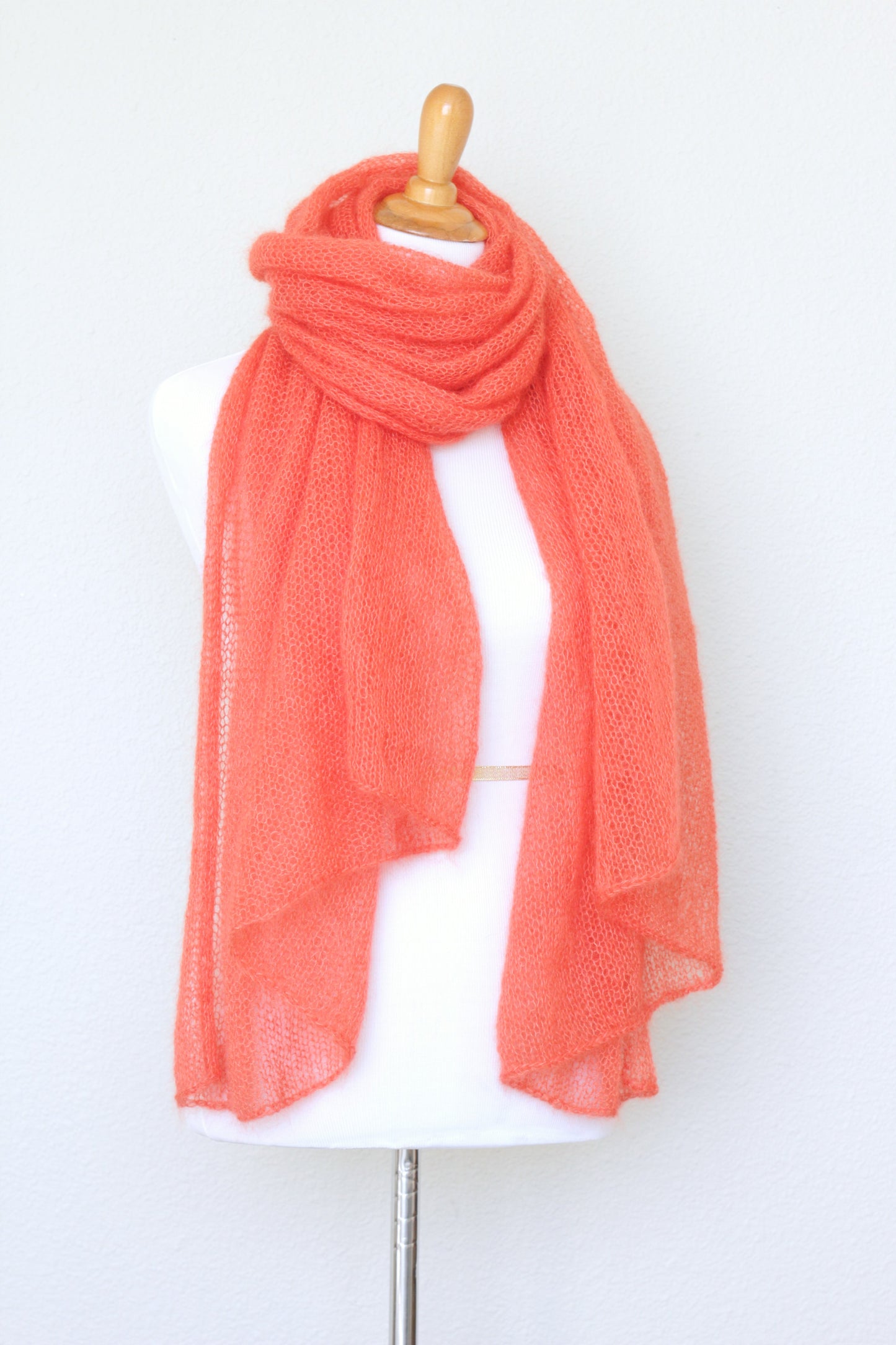 Knit scarf in silk mohair blend in burnt orange red color