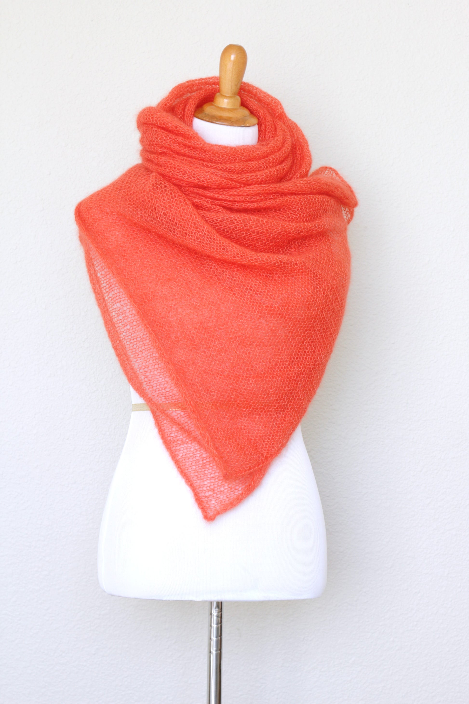 Knit scarf in silk mohair blend in burnt orange red color