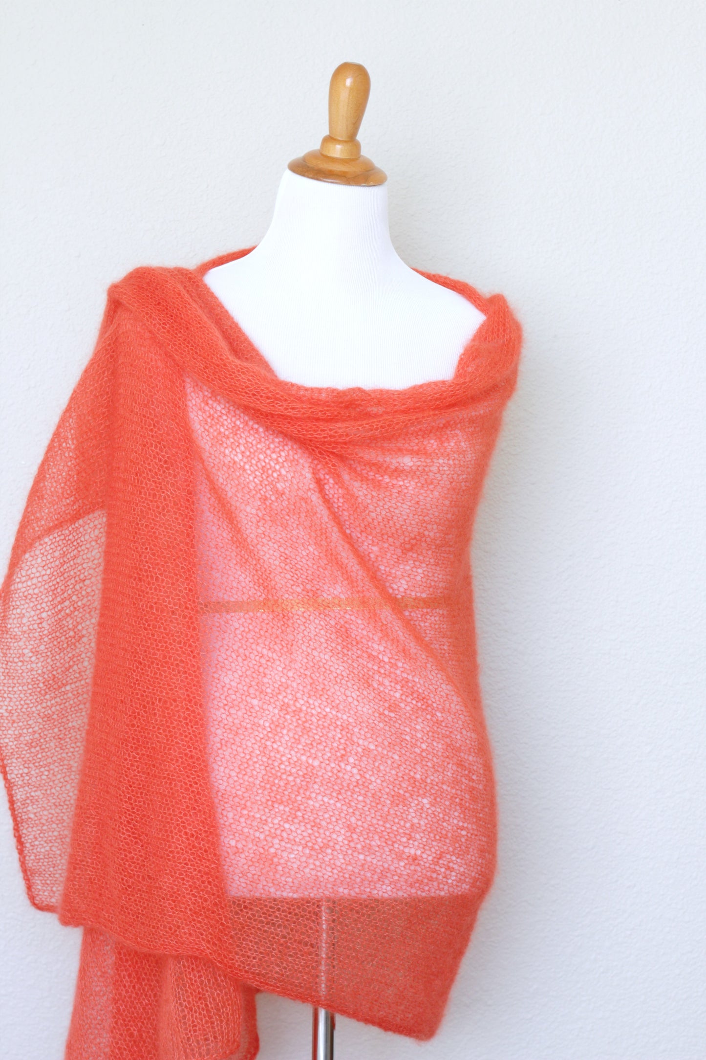 Knit scarf in silk mohair blend in burnt orange red color