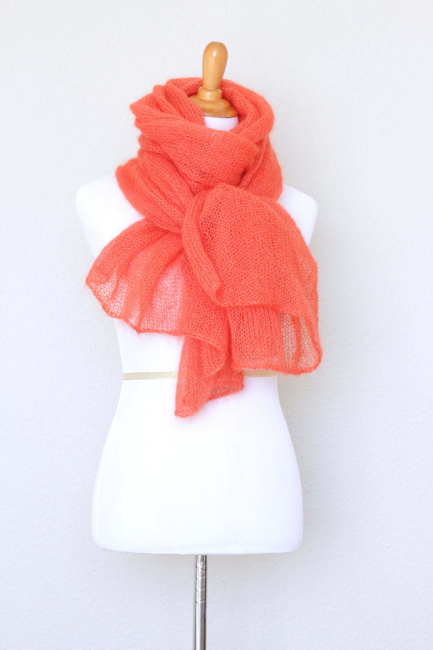 Knit scarf in silk mohair blend in burnt orange red color