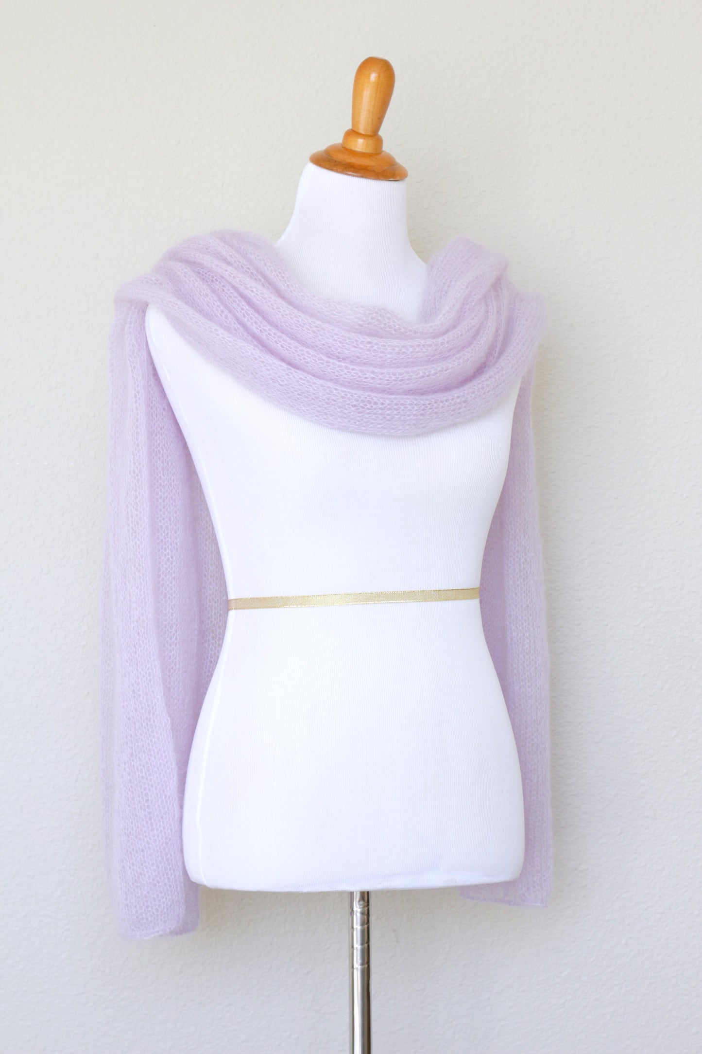 Knit wrap in silk mohair blend in lavender color