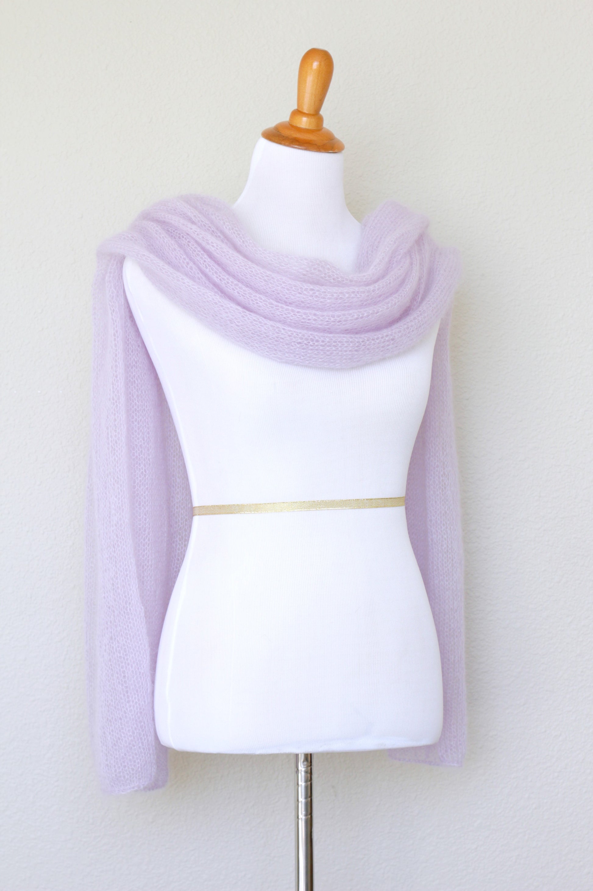 Knit wrap in silk mohair blend in lavender color