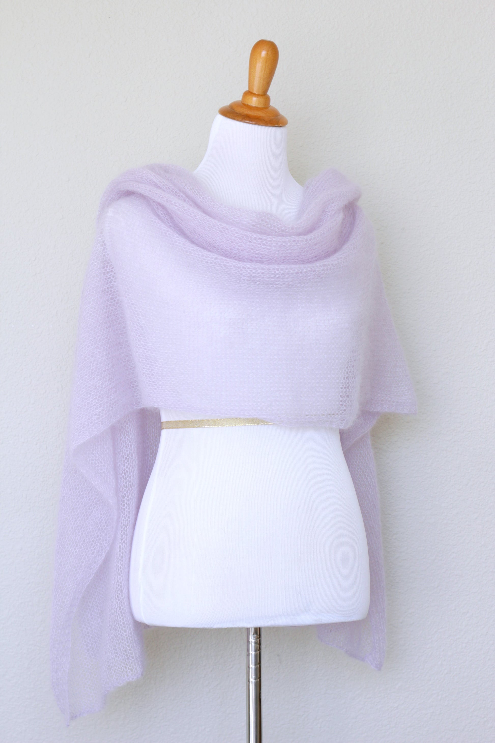 Knit wrap in silk mohair blend in lavender color