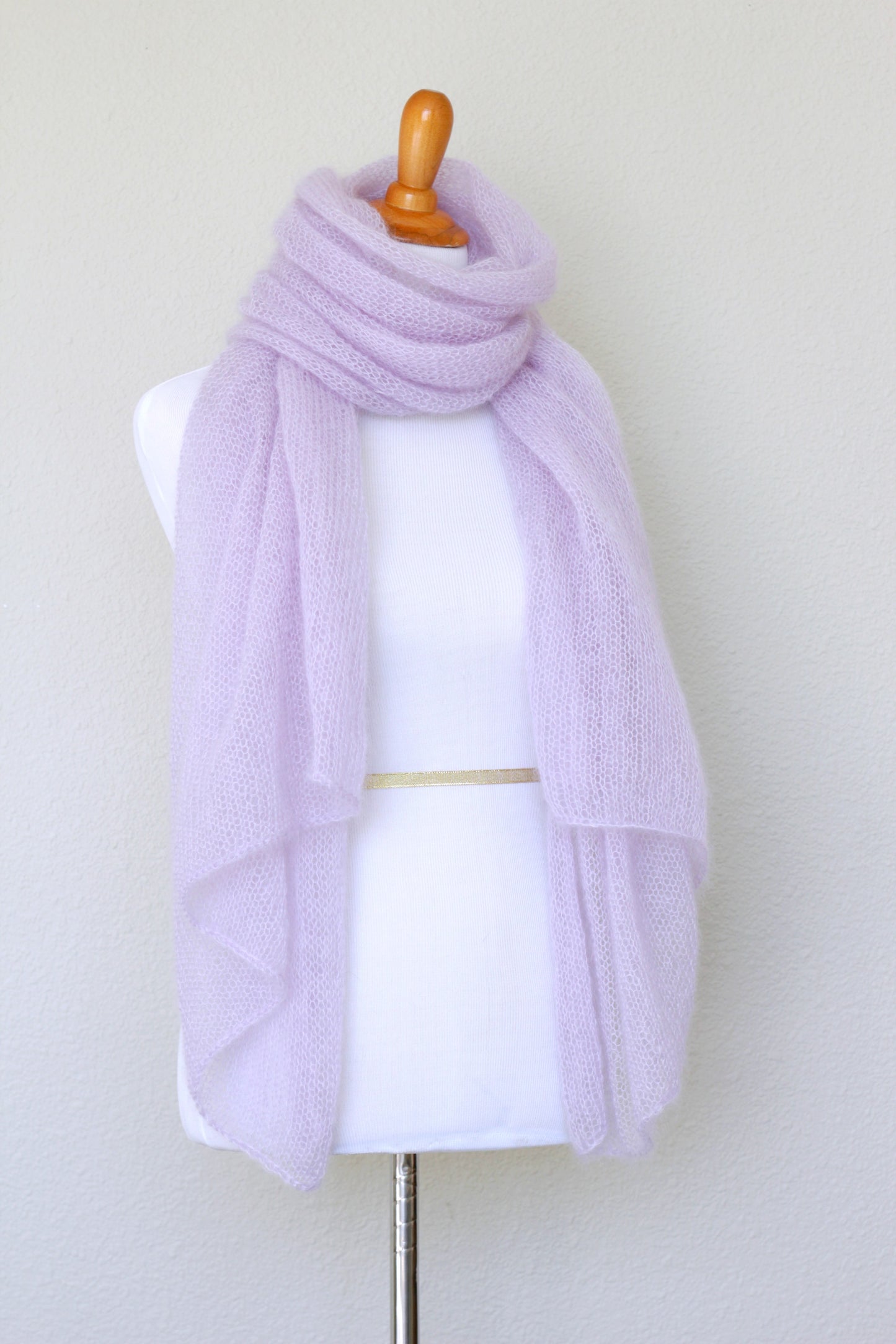 Knit wrap in silk mohair blend in lavender color