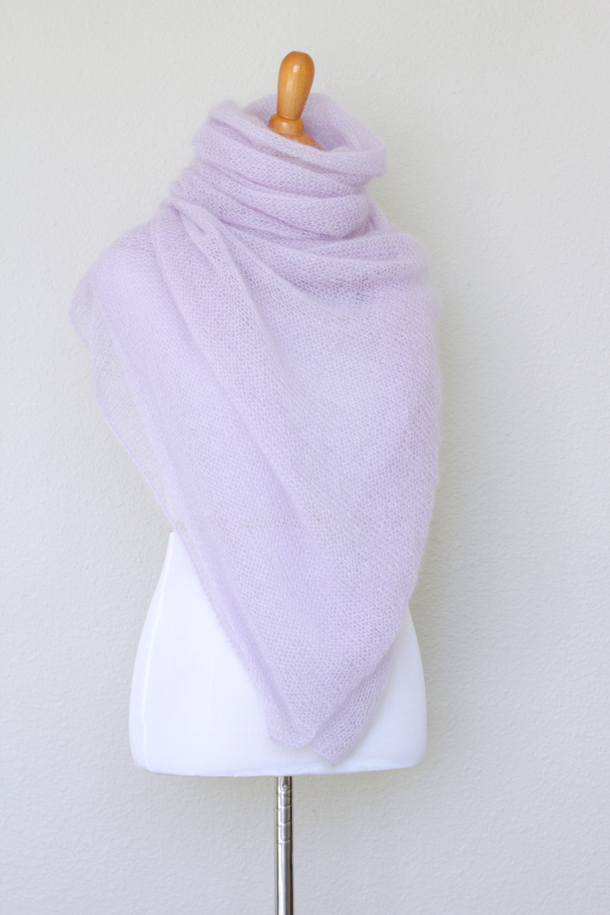 Knit wrap in silk mohair blend in lavender color