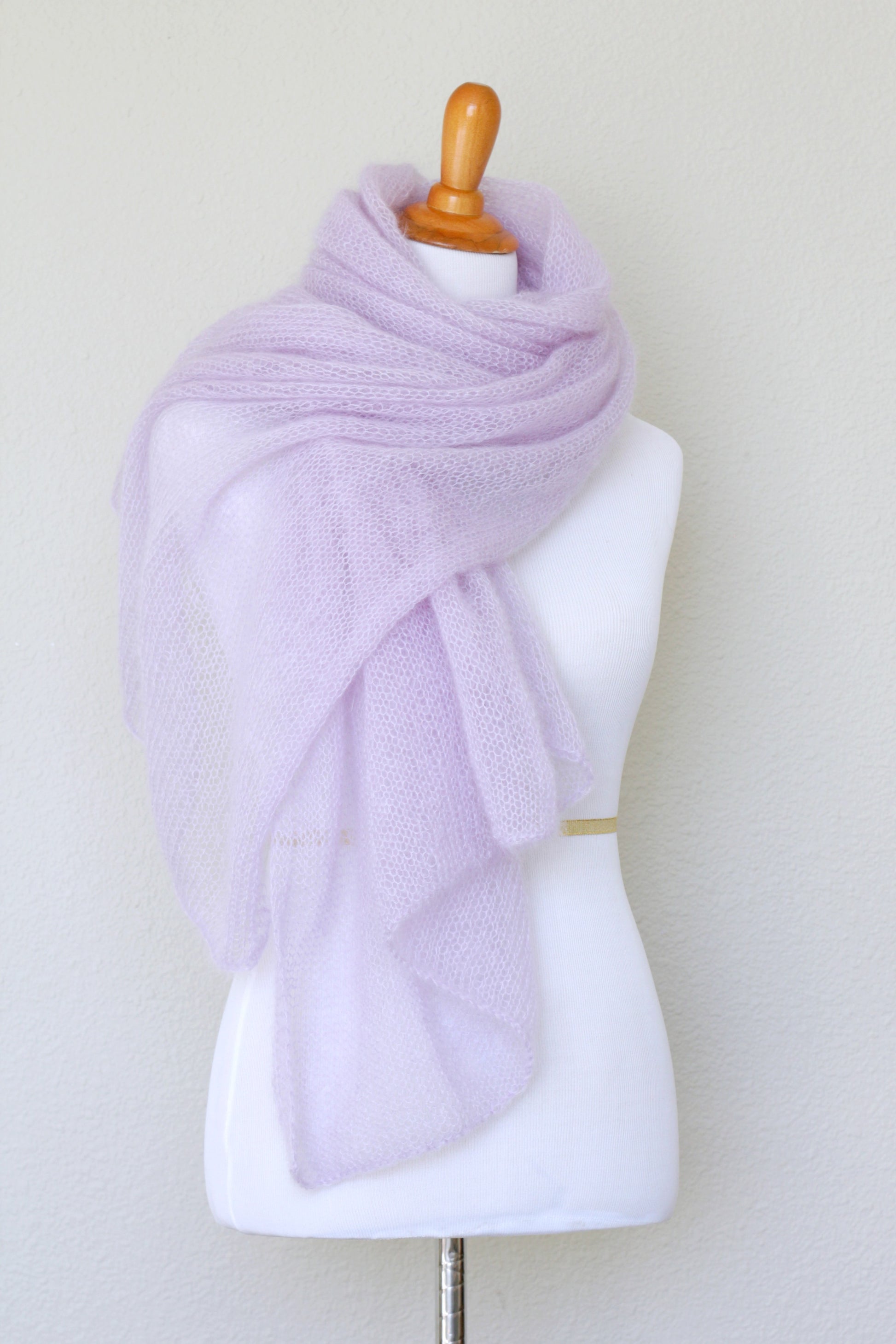 Knit wrap in silk mohair blend in lavender color