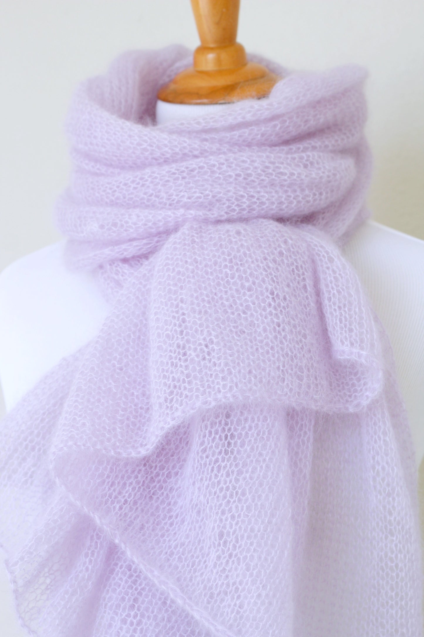 Knit wrap in silk mohair blend in lavender color