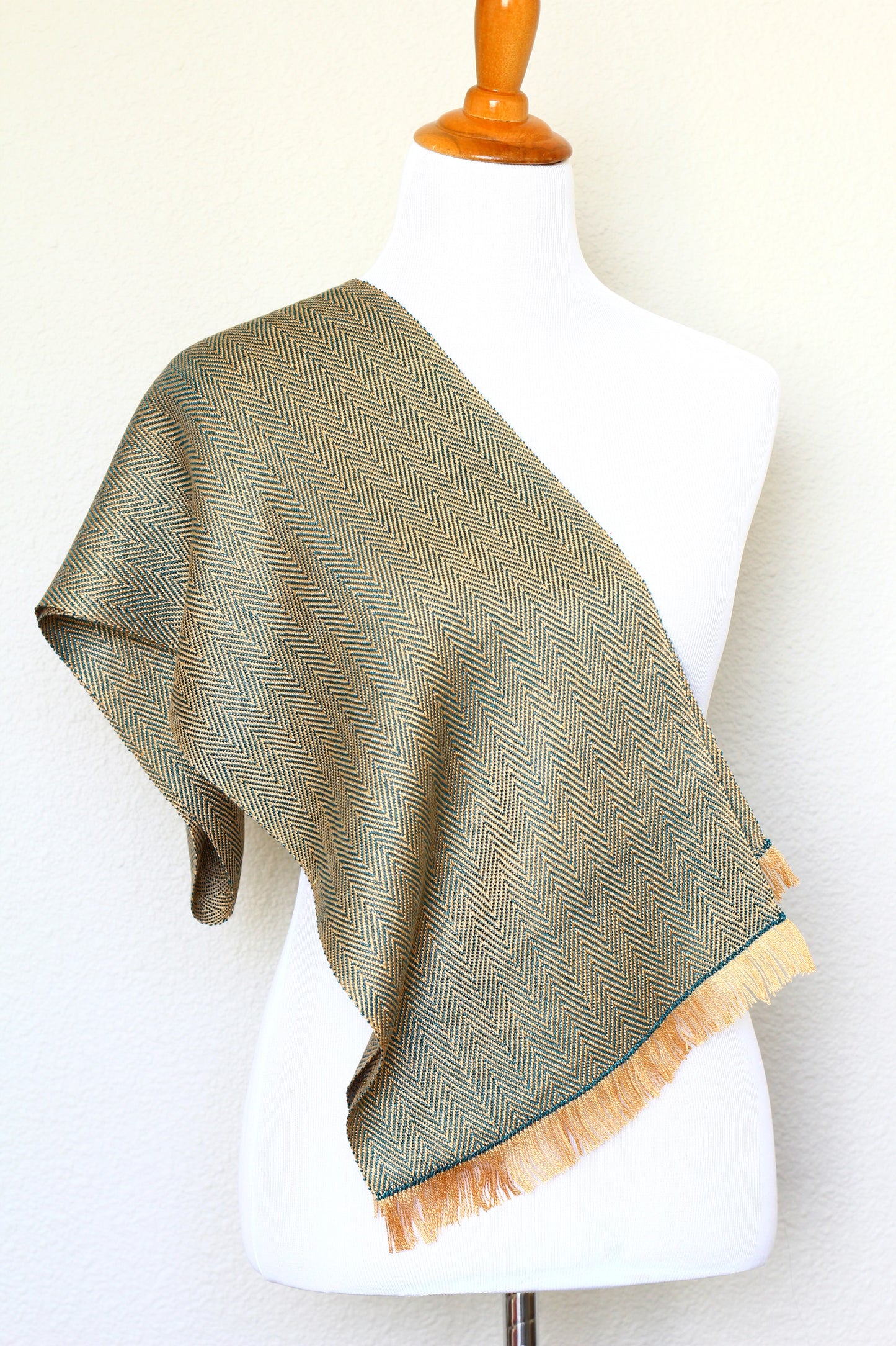 Woven scarf in gold and teal colors with twill pattern, Eucalyptus scarf with fringe