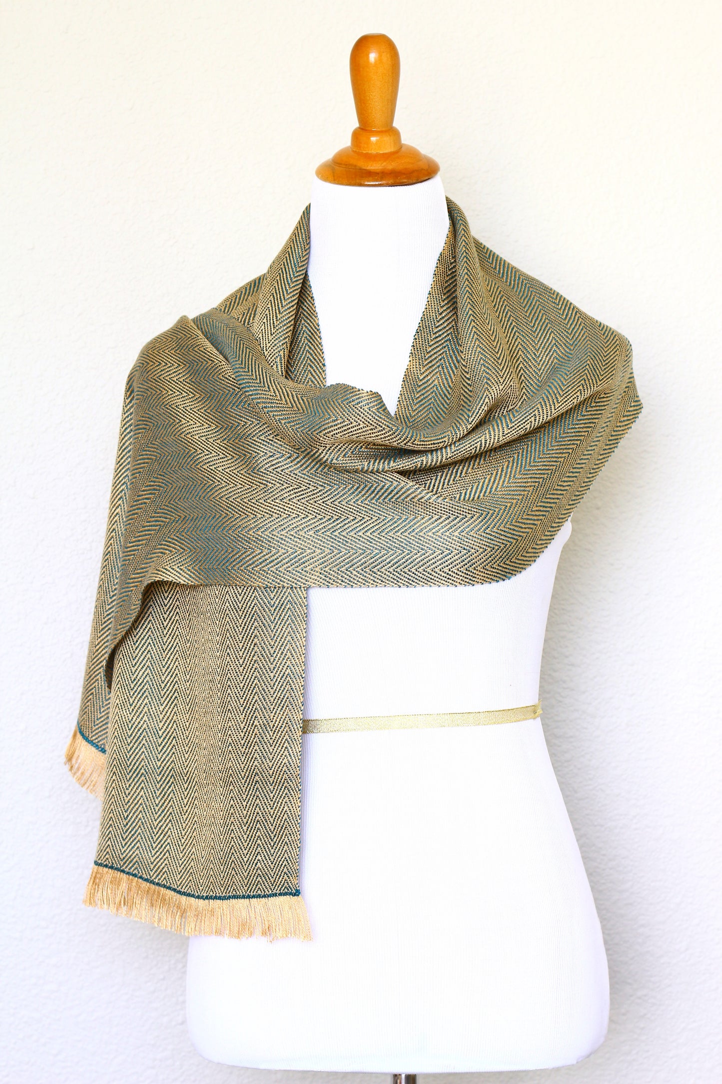 Woven scarf in gold and teal colors with twill pattern, Eucalyptus scarf with fringe