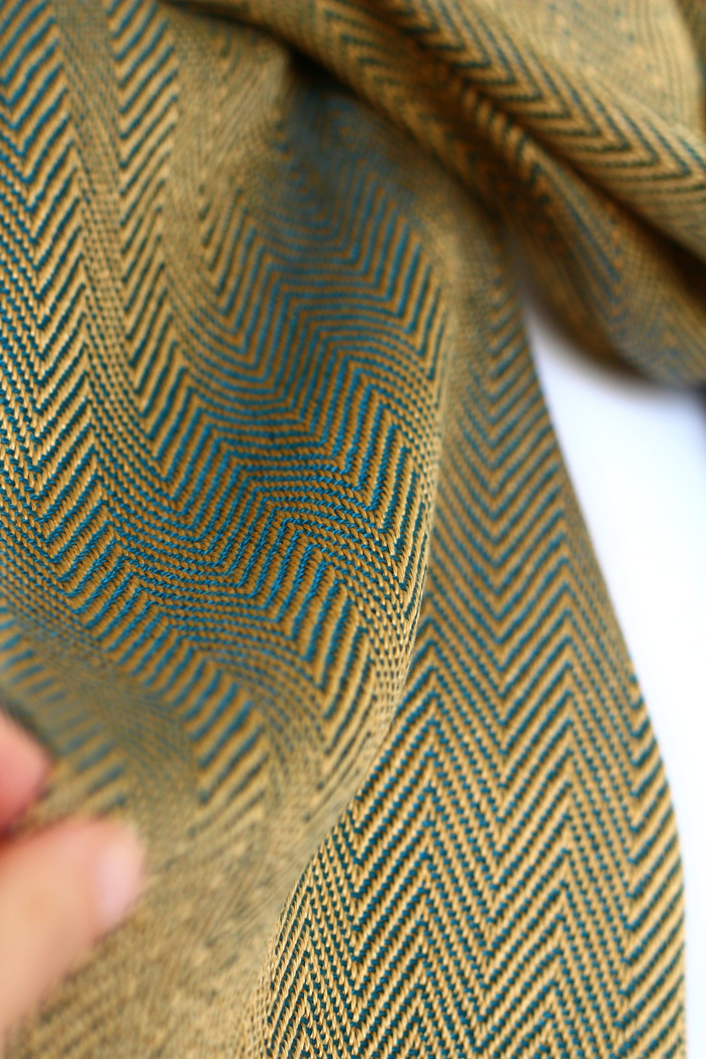 Woven scarf in gold and teal colors with twill pattern, Eucalyptus scarf with fringe