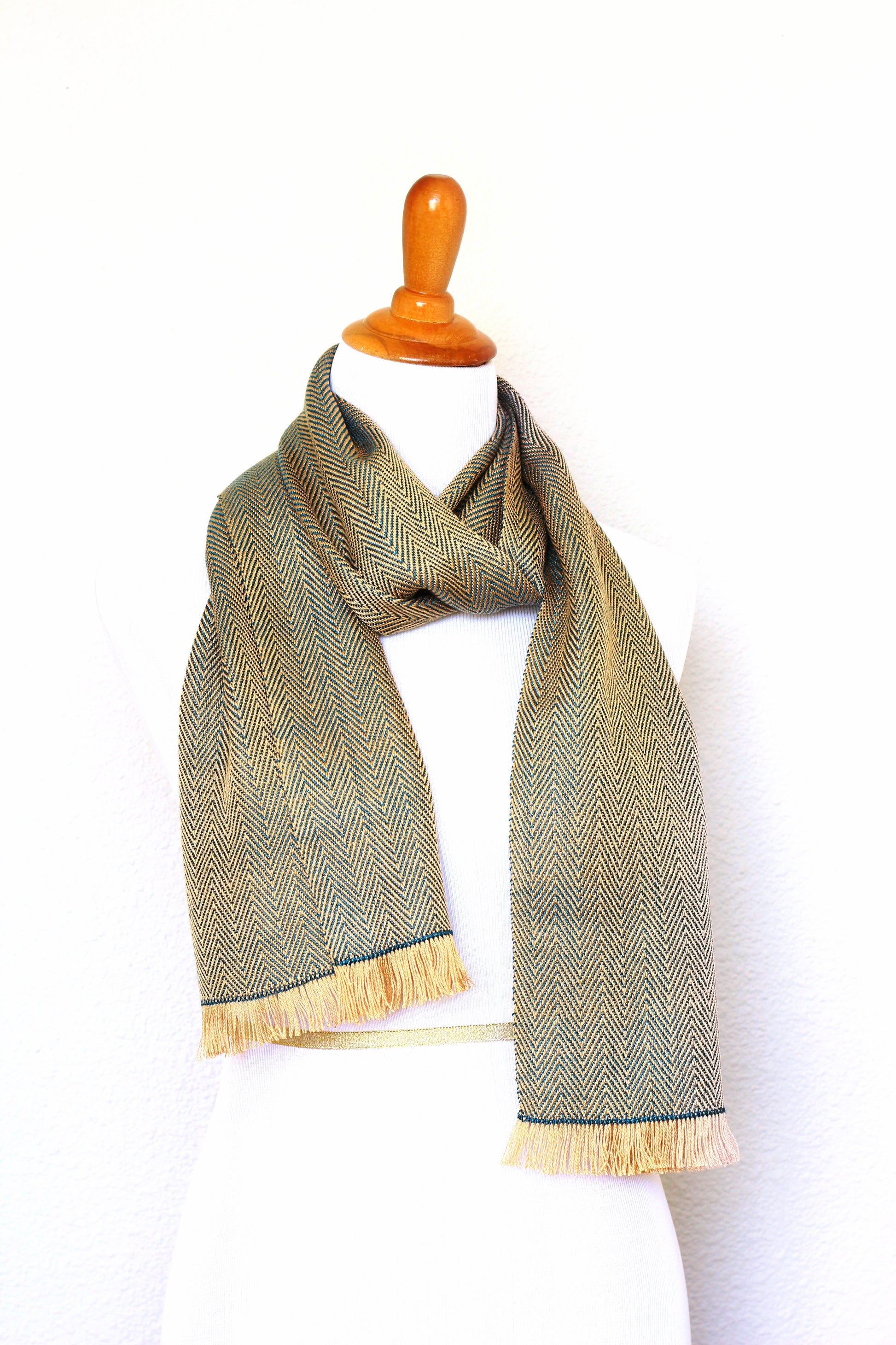 Woven scarf in gold and teal colors with twill pattern, Eucalyptus scarf with fringe