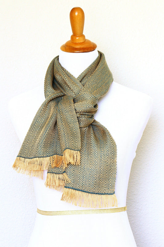 Woven scarf in gold and teal colors with twill pattern, Eucalyptus scarf with fringe