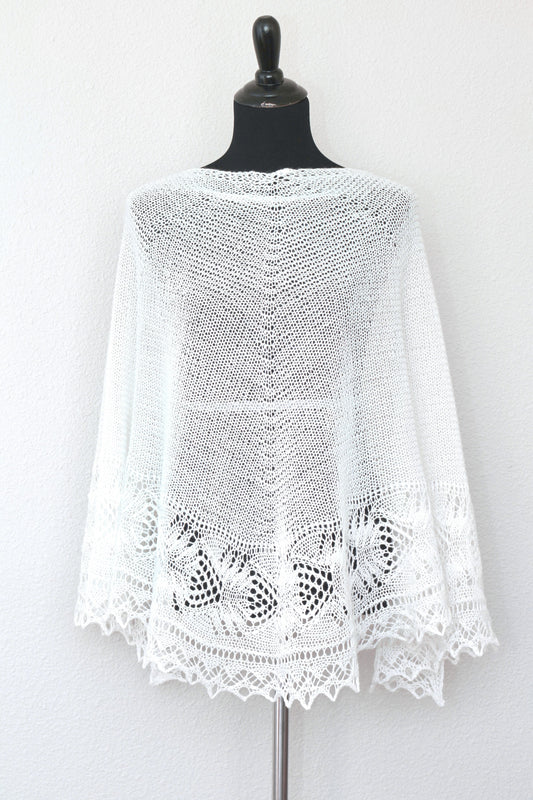 Knit shawl in white color with lace border, Freesia shawl