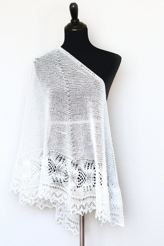 Knit shawl in white color with lace border, Freesia shawl