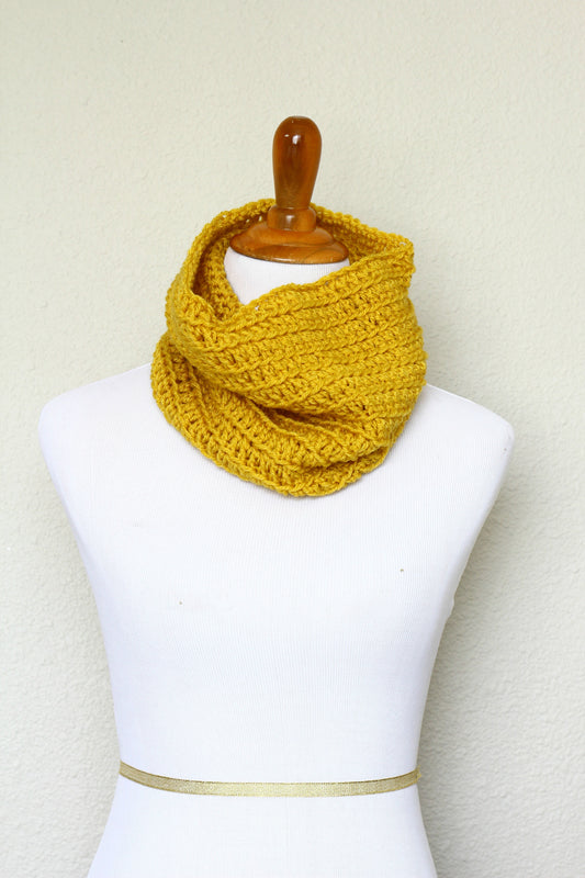 Crochet infinity scarf in mustard color, chunky cowl - 12 colors available