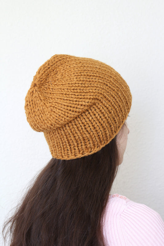 Beanie hat, knit hat, slouchy hat, knit beanie in honey yellow color