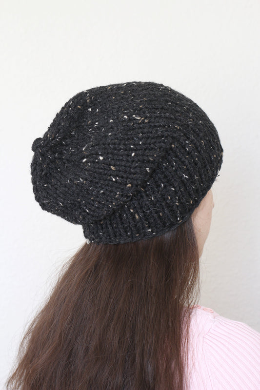 Beanie hat, knit hat, slouchy hat, knit beanie in tweed black color