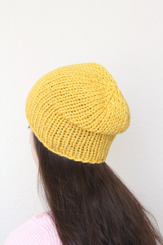Beanie hat, knit hat, slouchy hat, knit beanie in mustard yellow color