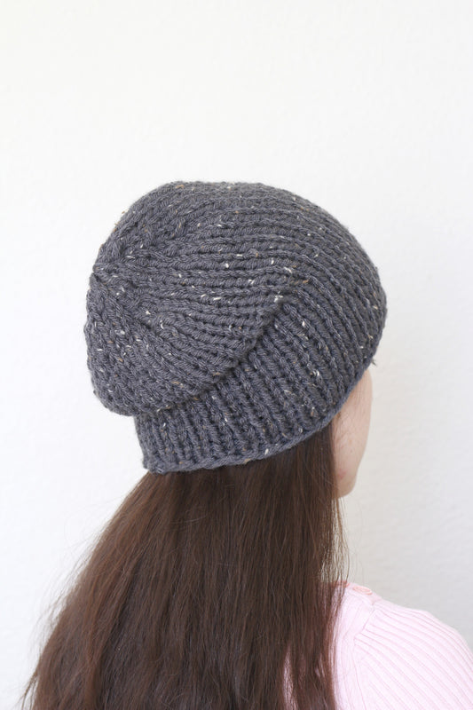 Beanie hat, knit hat, slouchy hat, knit beanie in dark grey color tweed hat