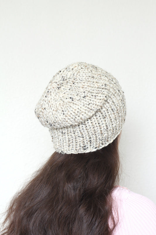 Beanie hat, knit hat, slouchy hat, knit beanie in oatmeal tweed hat