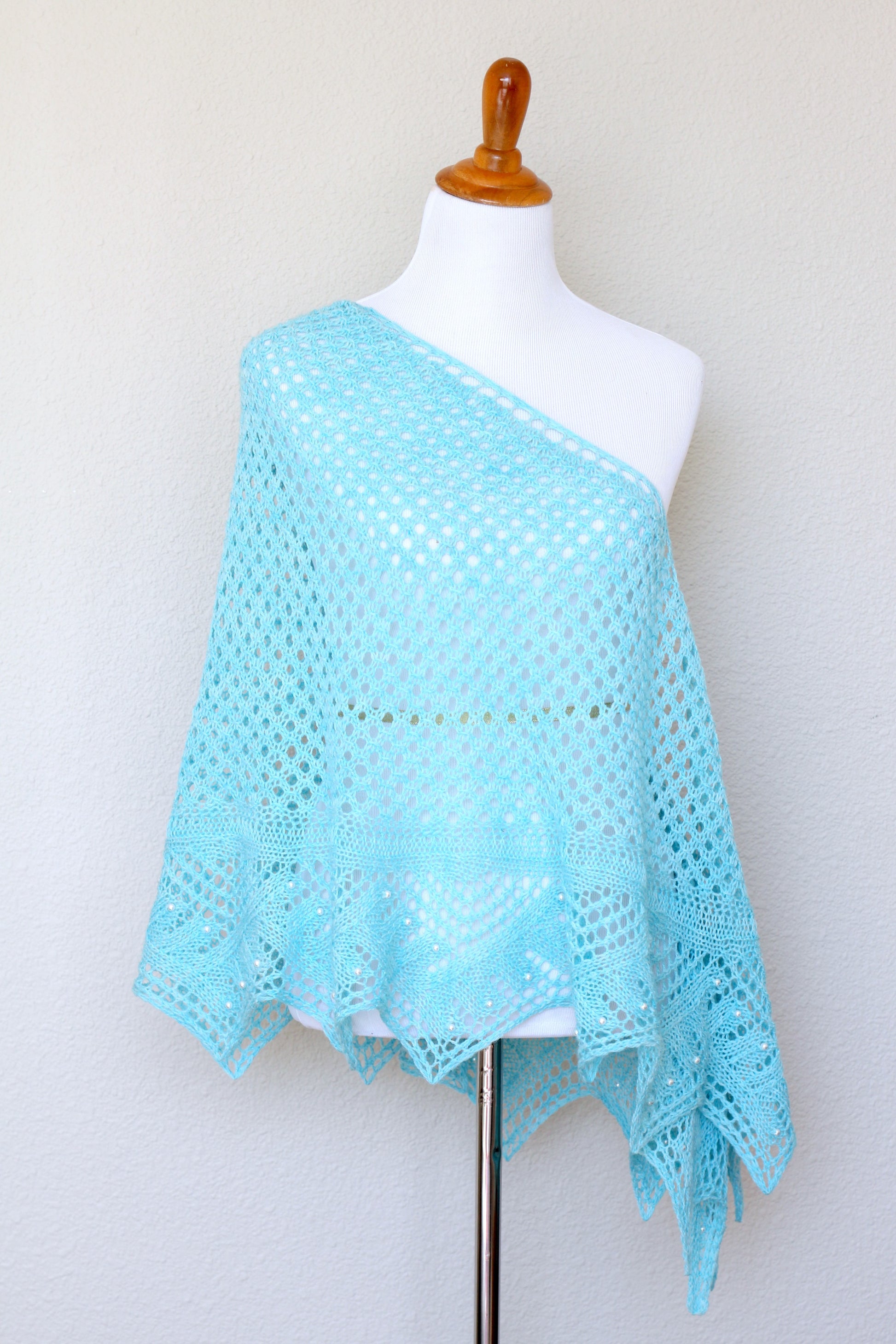 Handknit shawl, knitted shawl, shawl with beads, lace shawl, shawl with pearls