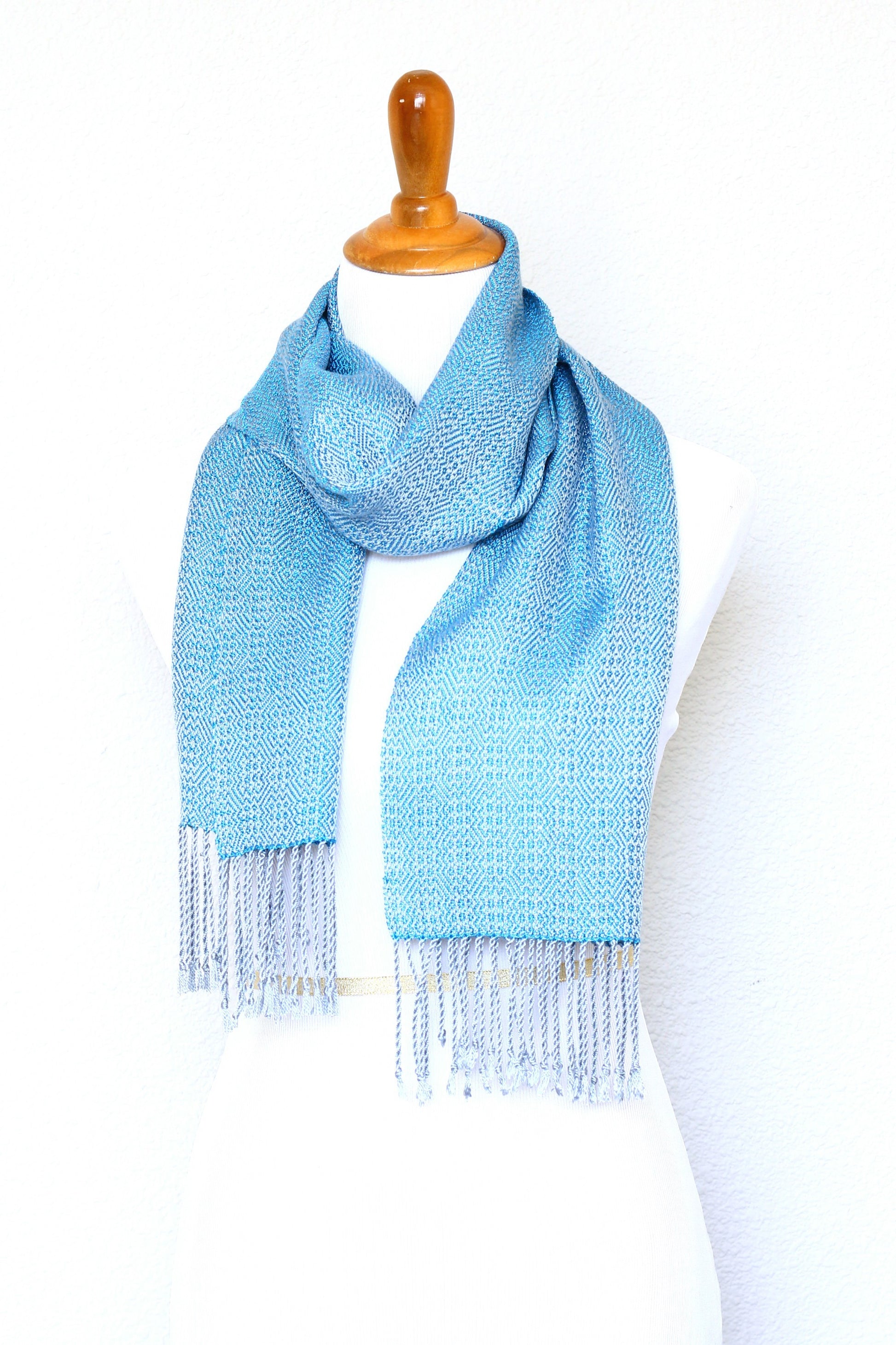 Woven scarf in blue and silver color, eucalyptus scarf with fringe