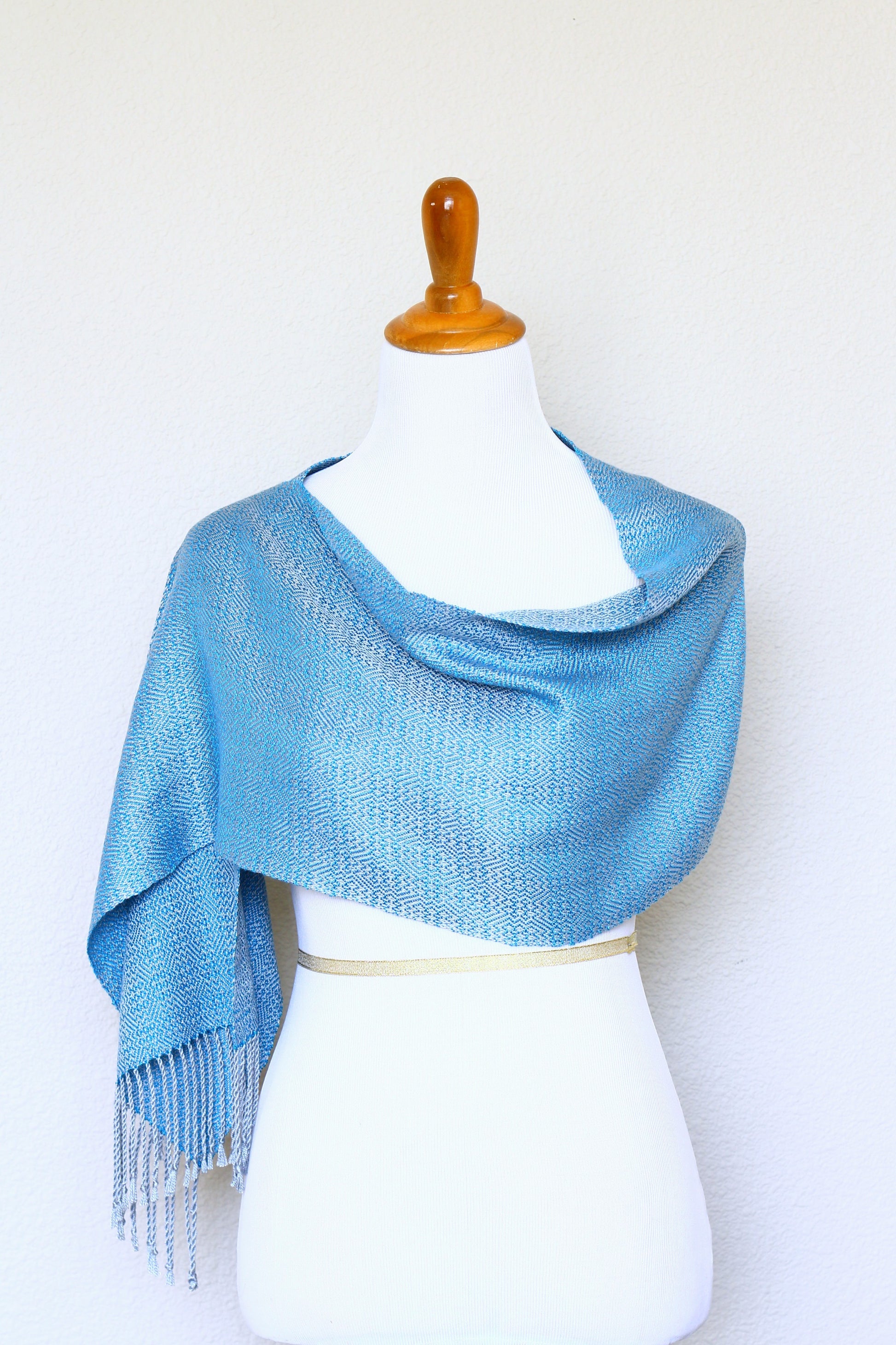 Woven scarf in blue and silver color, eucalyptus scarf with fringe