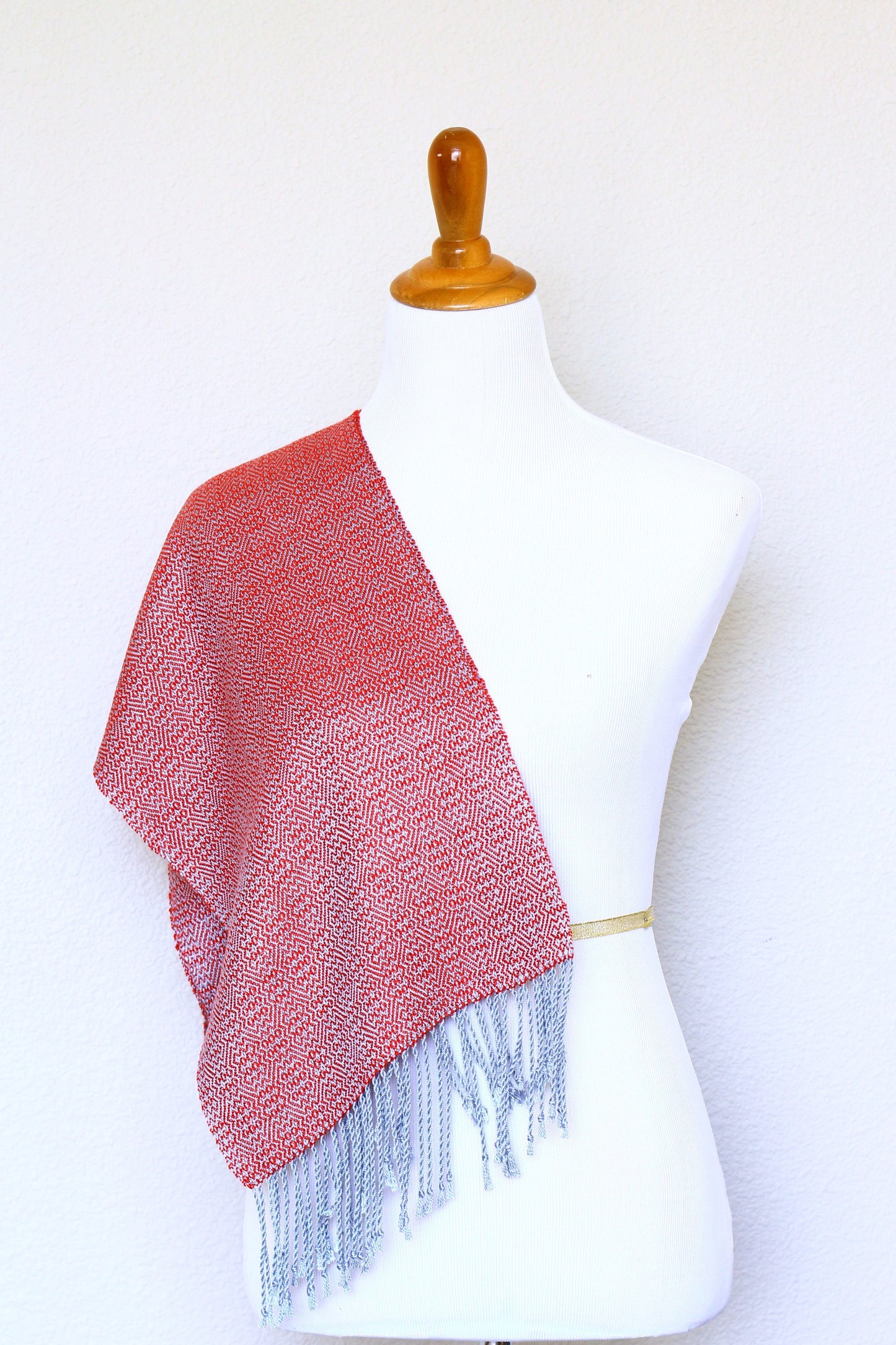 Woven scarf in red and silver color, eucalyptus scarf with fringe