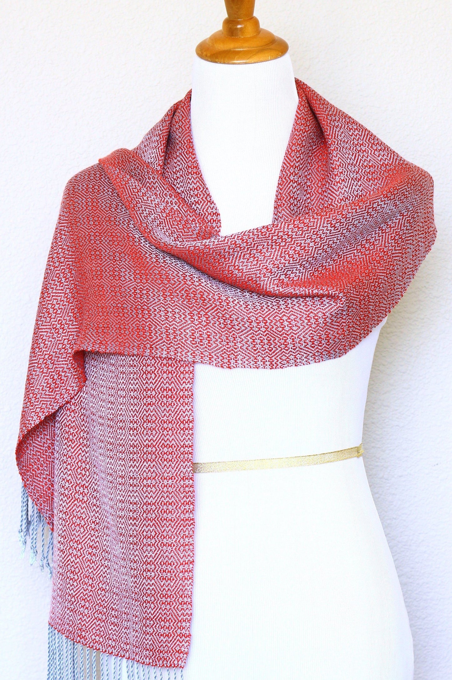 Woven scarf in red and silver color, eucalyptus scarf with fringe