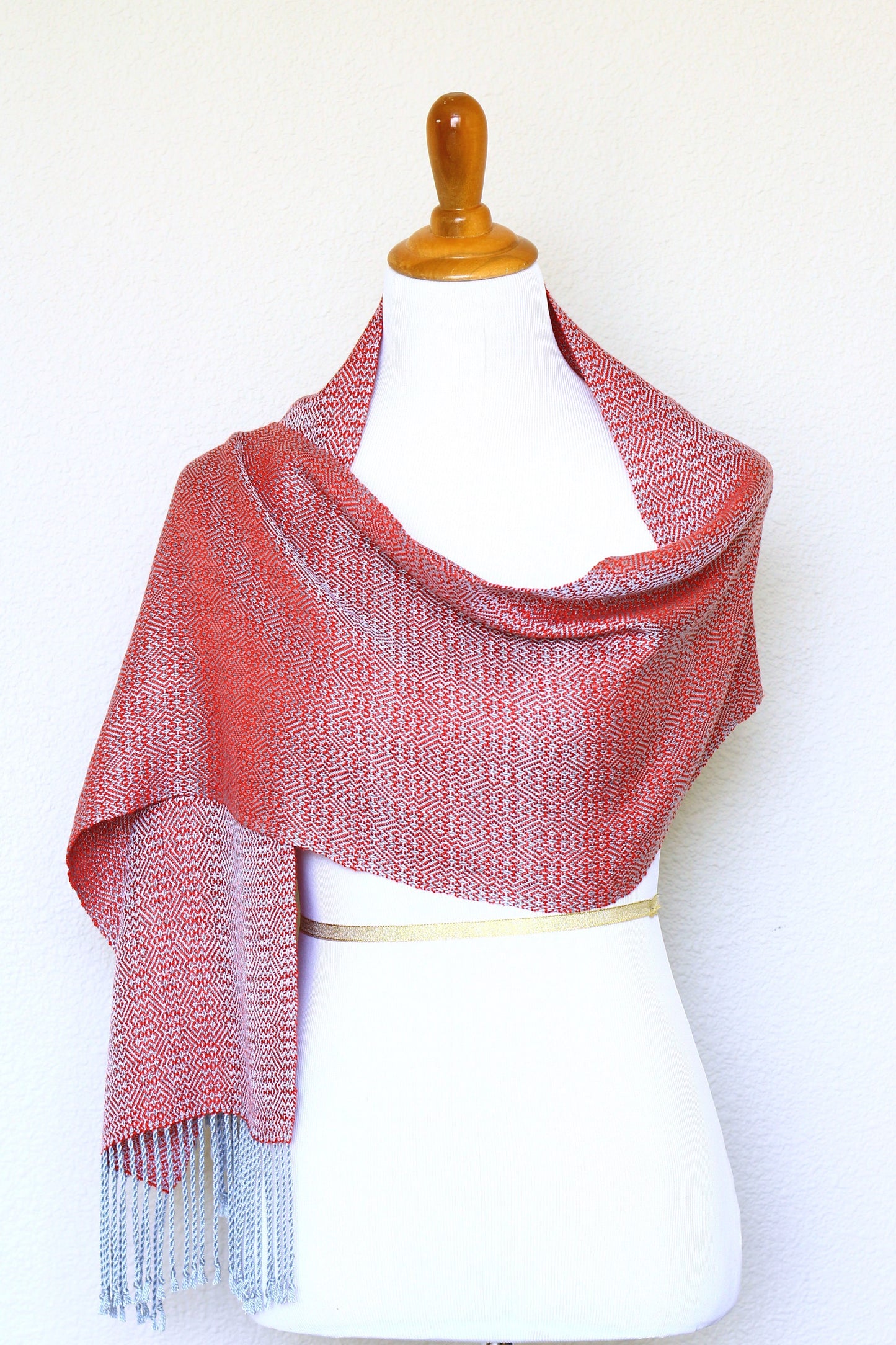 Woven scarf in red and silver color, eucalyptus scarf with fringe