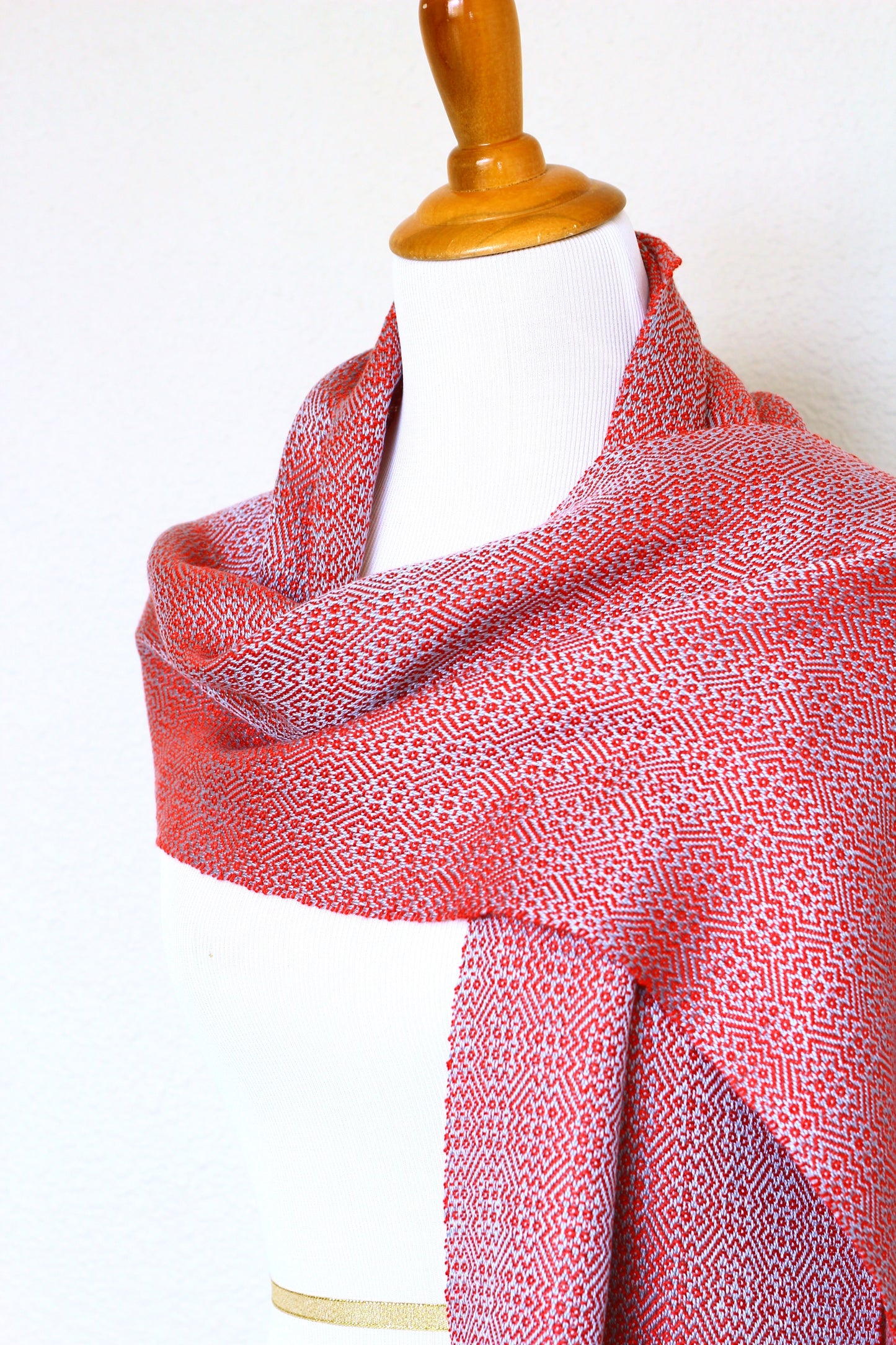 Woven scarf in red and silver color, eucalyptus scarf with fringe
